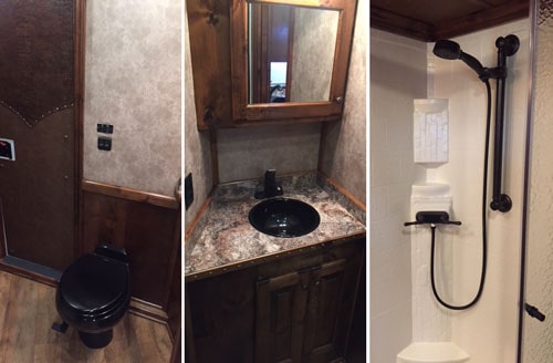 Full living quarters horse trailer shower and bathroom.