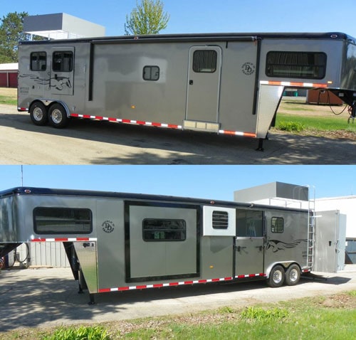 A living quarters horse trailer with slide-out closed in the travel position.
