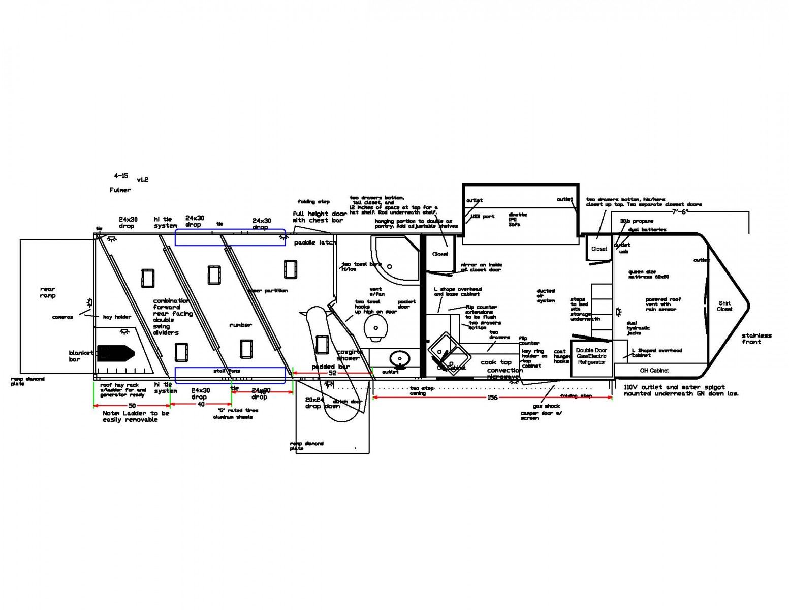Double D Trailers custom living quarters horse trailer floorplan to fit warmbloods 