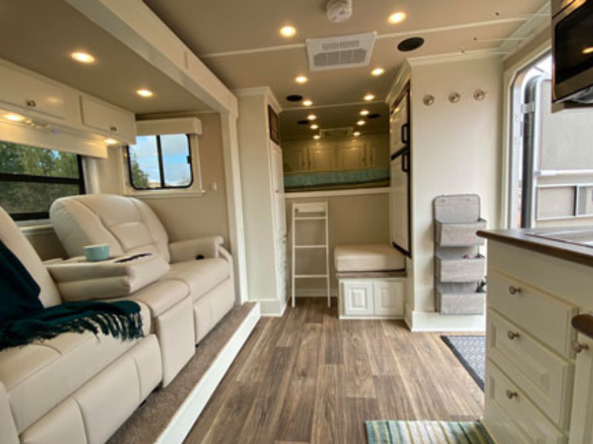 A custom living quarters horse trailer interior by Double D Trailers. 