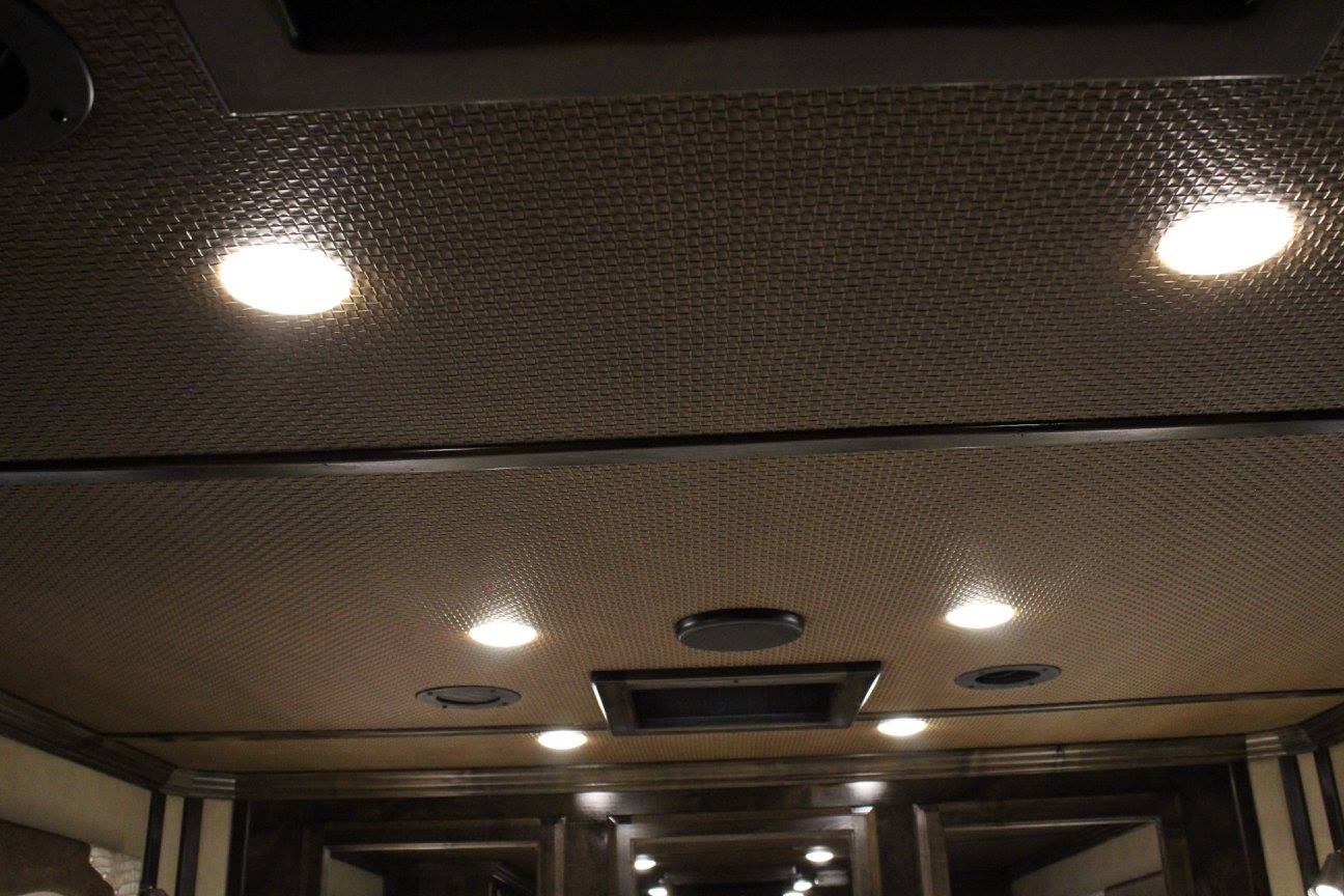 Flush lighting above the bed area in a Double D Trailer living quarters horse trailer. 