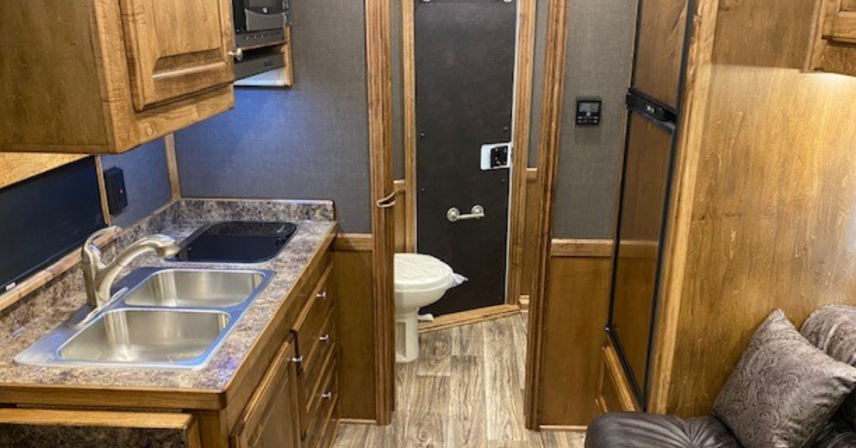 The interior of a Double D Trailers living quarters horse trailer. 