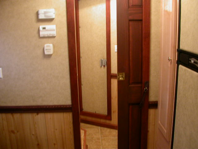 Interior door inside the living quarters area of a Double D Trailer. 