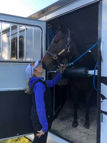 An owner greeting her horse in the open doorway of her Double D trailer