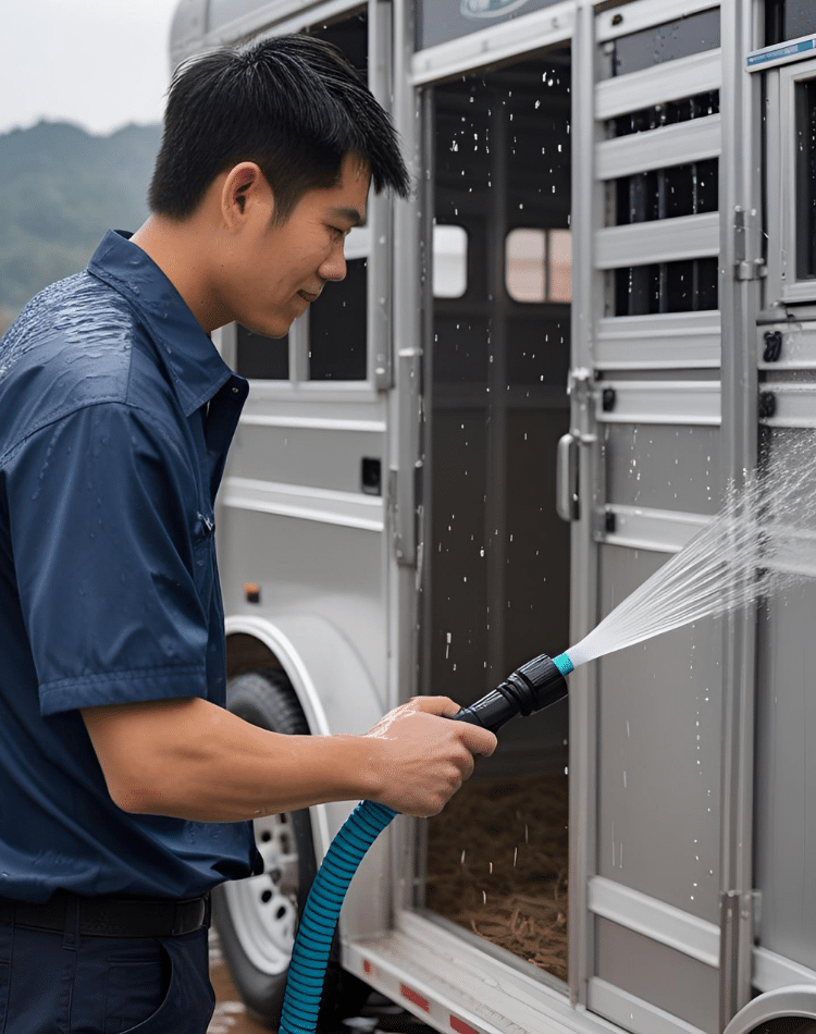 An AI-generated photo showing a man spraying his horse trailer with a water hose. 