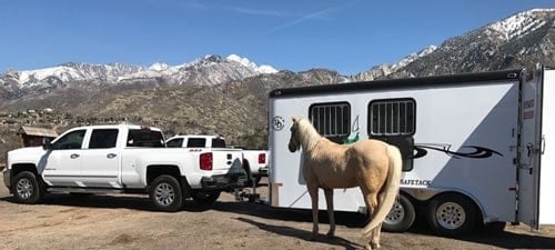 A Double D Trailer bumper pull model hitched to a white tow truck. 