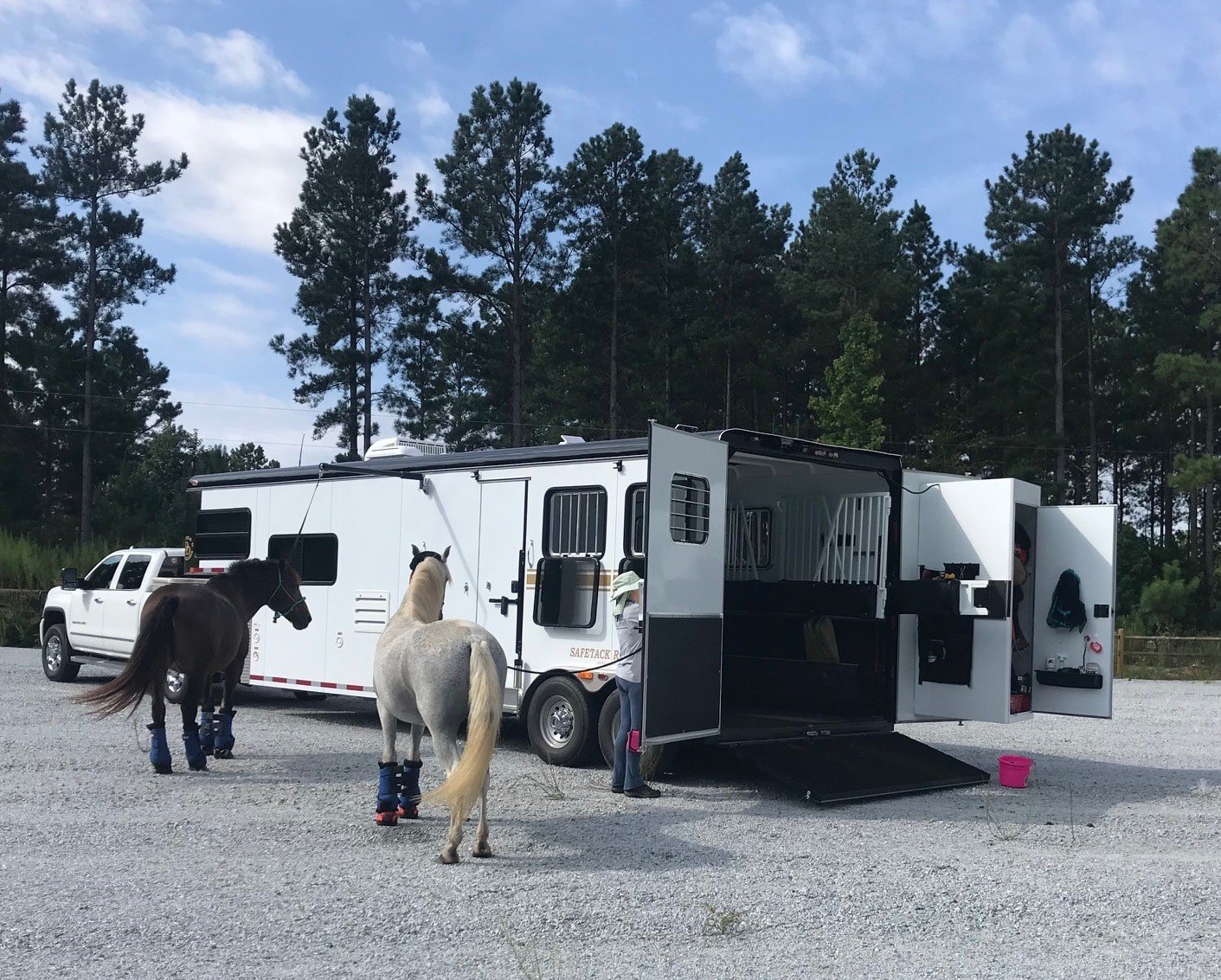 A parked Double D Trailers gooseneck model with horses standing outside. 