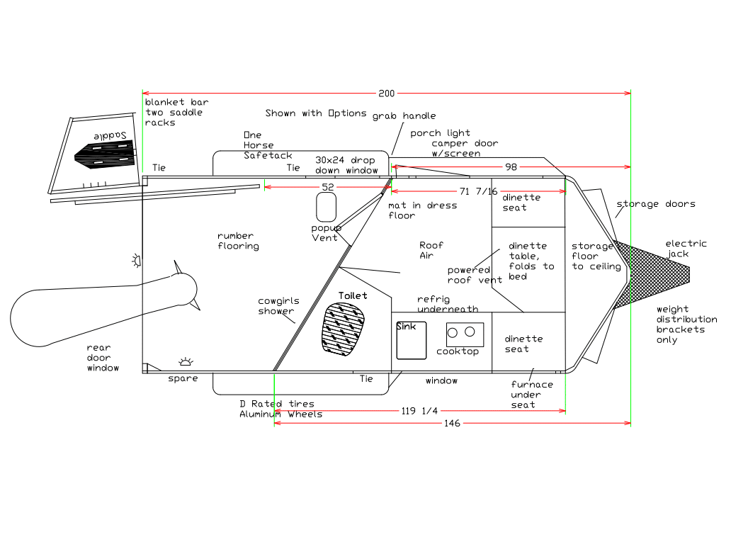 Floorplan of the Double D Trailers SafeTack Reverse 1 Horse Bumper Pull Trailer with Living Quarters