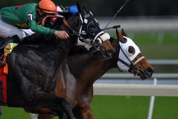 a side image view of a jockey riding on their race horse