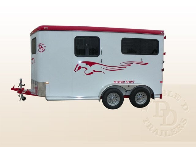 a stock image of a white and red straight load bumper pull horse trailer from Double D Trailers 