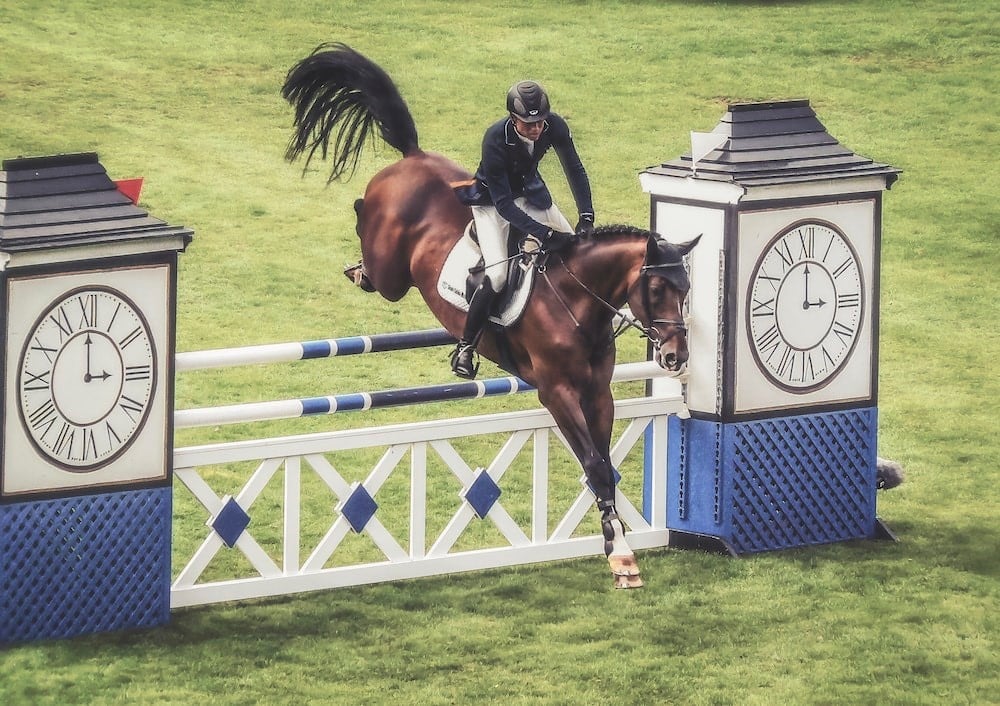 an action shot of a horse and rider at a jumping competition 