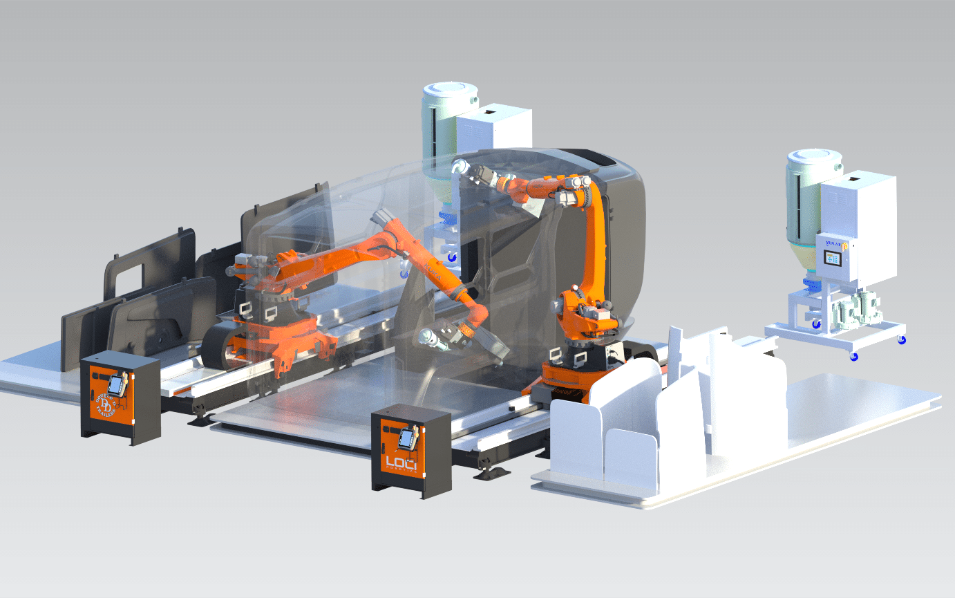 Visual representation of 3D printing a horse trailer courtesy of Loci Robotics.