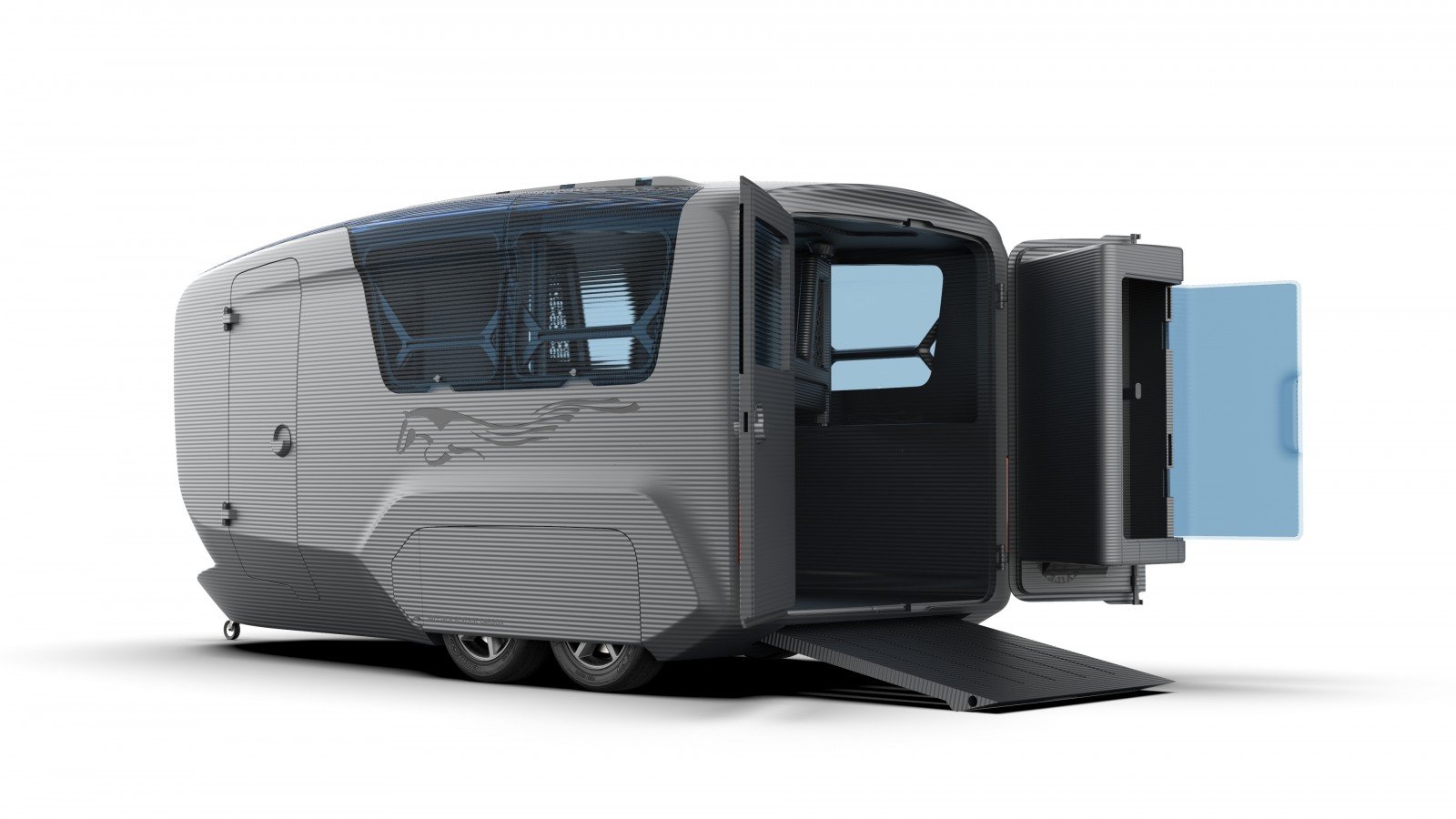 A rear view of a 3D printed horse trailer with the patented SafeTack Reverse design.