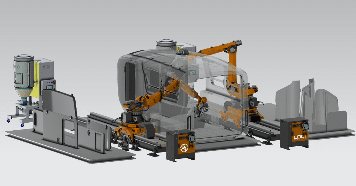 A visualization of the 3D-printed horse trailer by Double D Trailers manufacturing set up. 