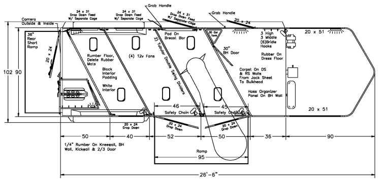 Floorplan of the Double D Trailers SafeTack Reverse design in a gooseneck model.