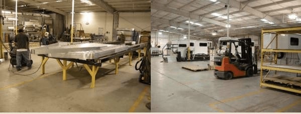 Inside the Double D Trailers factory showing a horse trailer being built. 