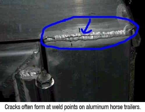 Cracks forming at weld points on an aluminum horse trailer