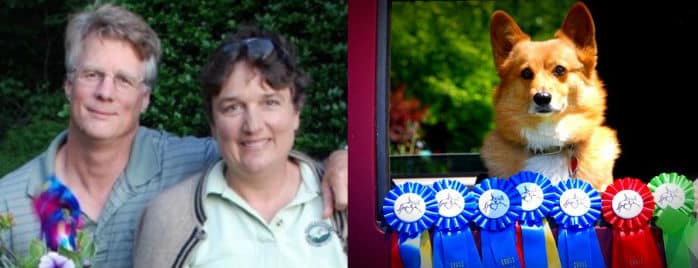 Cindy Gilbert with husband, Dave, and Dog showing off ribbons.