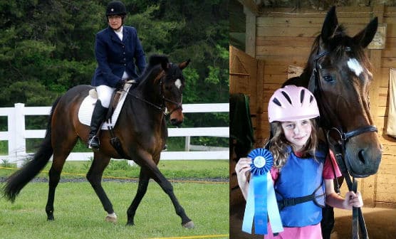 Cindy Gilbert with horse Delight (left) and young student (right).