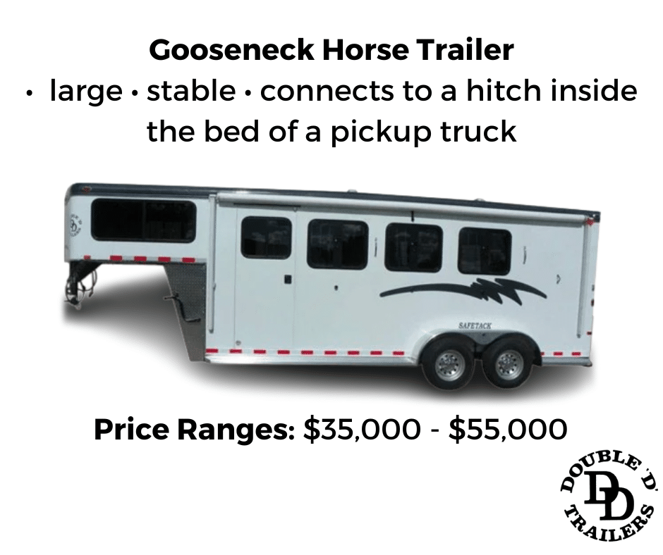 Gooseneck horse trailer model from Double D Trailers with price ranges $35K - $50K