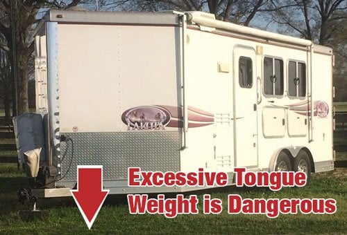 an image with text depicting the dangers of excessive horse trailer tongue weight 
