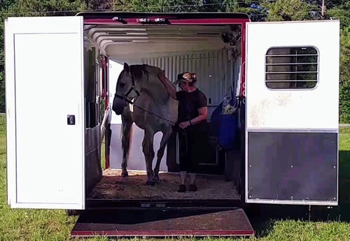 Unloading off of a Double D Trailers SafeTack Reverse load horse trailer. 