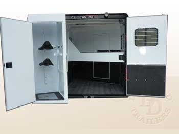 view of a Double D Trailer SafeTack design showing an enclosed tack storage area that swings out like a second door