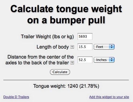 a sample calculation using Double D Trailers' tongue weight calculator for a bumper pull trailer with 5,693 lbs weight X 15.5 ft length