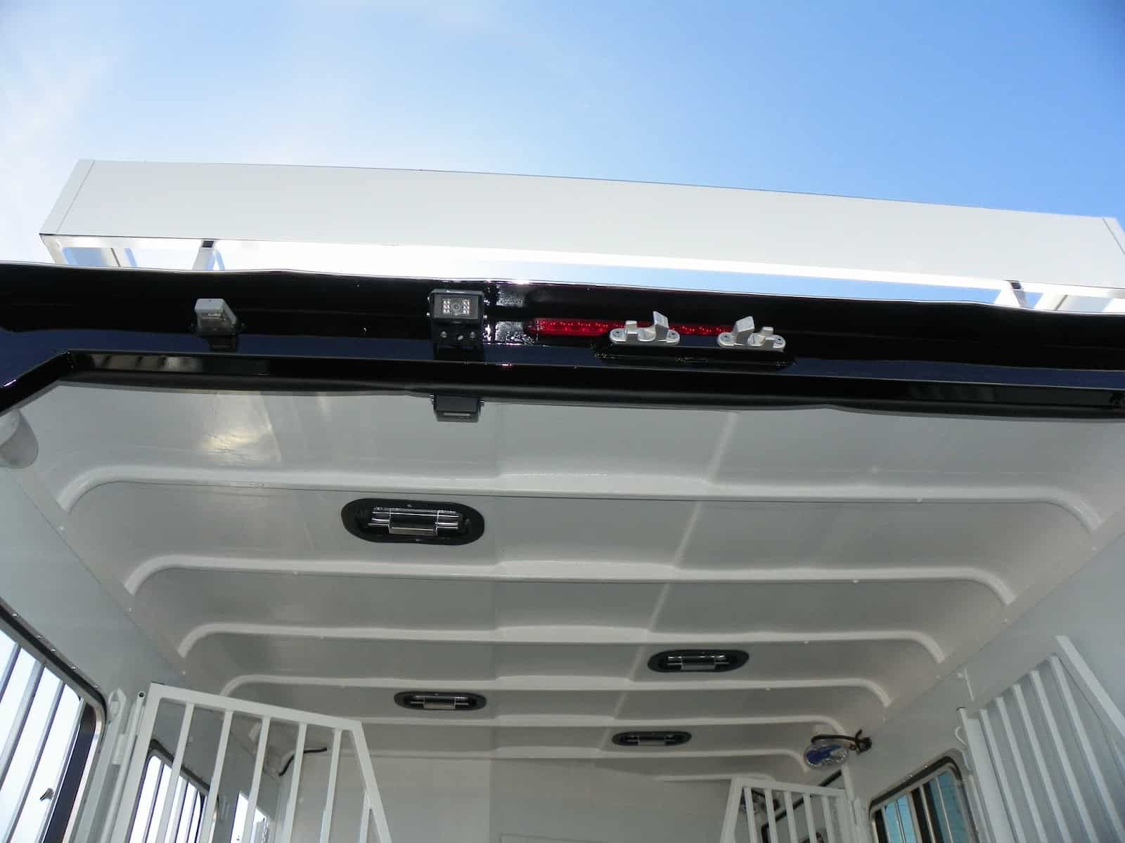 Double D Trailers SafeBump Roof Technology is designed to protect horses when they rear up during travel; or in the event of an accident.