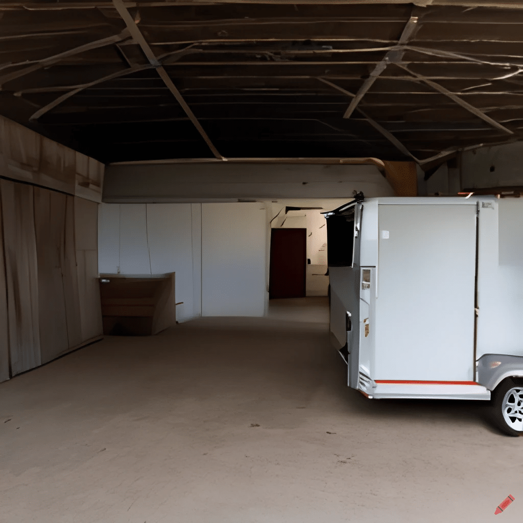 A horse trailer parked underneath of a barn shelter. 