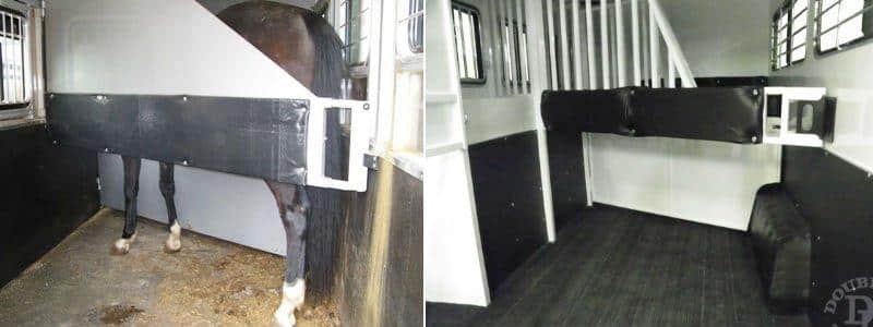Left, photo showing horse in trailer with closed divider that blocks both the horse’s view, and the trailer air flow. Right, photo showing Double D trailers’ open tubular head divider concept allowing horse to see and permit better air flow in the trailer. 
