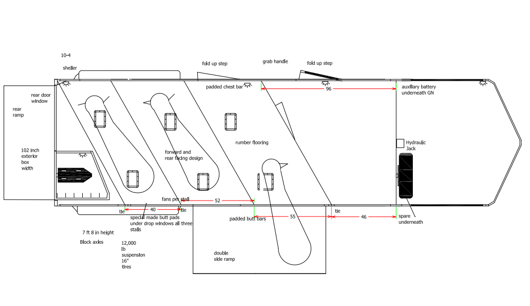 A warmblood horse trailer custom horse trailer drawing from Double D Trailers. 