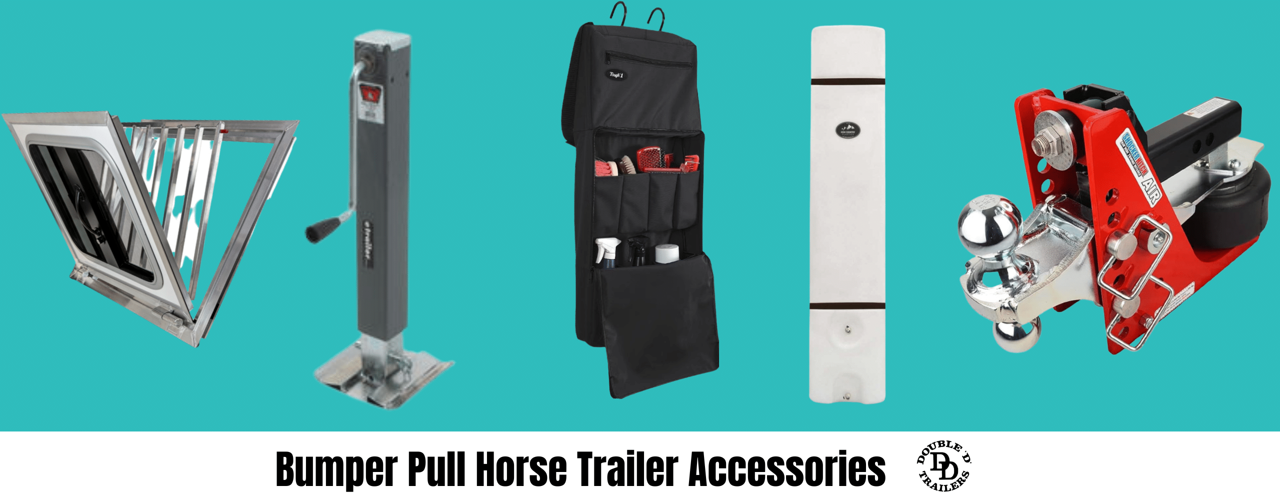 A variety of bumper pull horse trailer accessories displayed together.