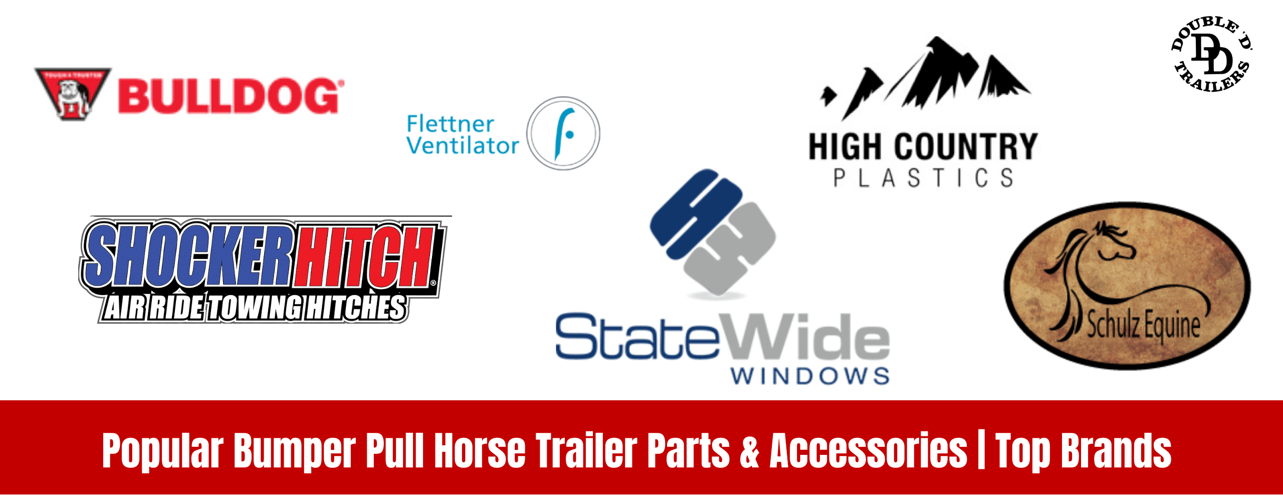 Assorted bumper pull horse trailer accessory brands displayed together.