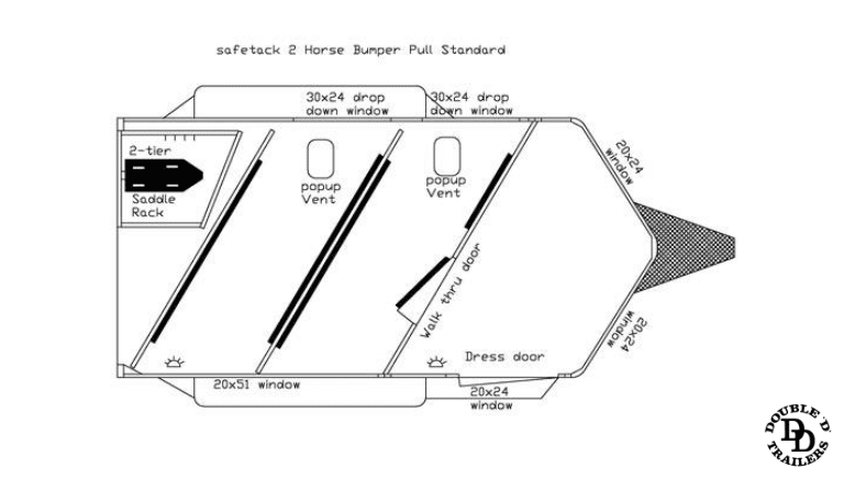 2 Horse Bumper Pull Trailer floorplan by Double D Trailers showcasing interior features