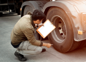 DOT official inspecting a vehicle for safety.